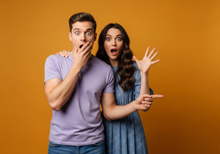 surprised couple looking at camera and pointing with fingers isolated on yellowの素材