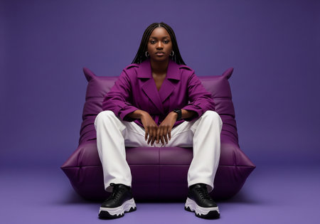 Fashionable african american woman in purple suit sitting on sofaの素材