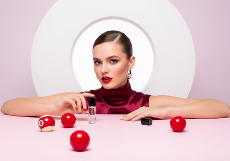 Beautiful young woman playing with red balls and a bottle of perfumeの素材