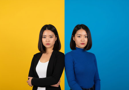 Portrait of two asian businesswomen standing with arms crossed against blue and yellow backgroundの素材