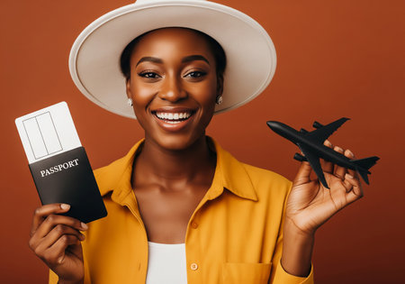 smiling african american woman in hat with passport and airplaneの素材
