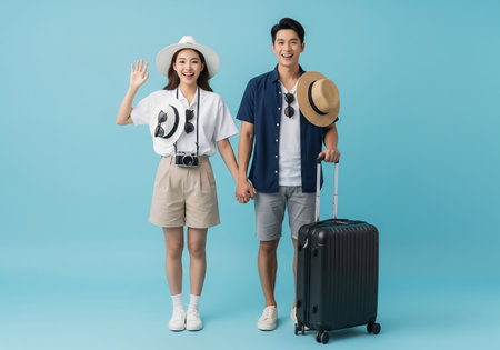 happy young asian couple with suitcases and hat on blue backgroundの素材