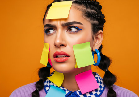 Portrait of a beautiful young woman with sticky notes on her faceの素材