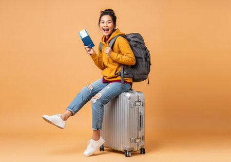 excited asian woman with backpack and passport sitting on suitcase isolated on beigeの素材