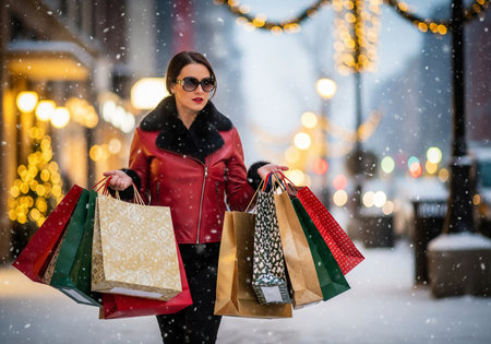 Beautiful woman in red coat and sunglasses with shopping bags in the city.の素材