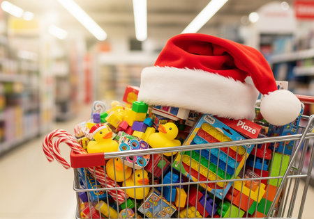 Merry Christmas and Happy Holidays shopping concept. Selective focus of shopping cart with Santa Claus hat and toys in supermarketの素材