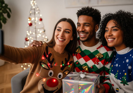 happy african american couple taking selfie with christmas gift at homeの素材