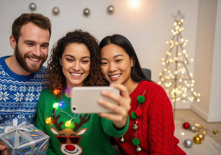 happy friends taking selfie with smartphone at home during christmas eve celebrationの素材