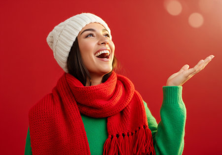 happy young woman in winter hat and scarf presenting something on red backgroundの素材