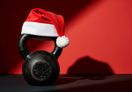 Kettlebell with Santa Claus hat on a red background. Christmas concept.の素材