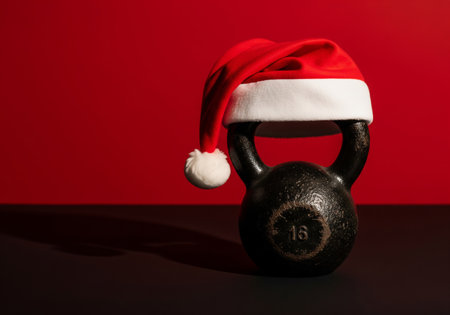 Kettlebell with Santa Claus hat on a red background. Christmas concept.の素材