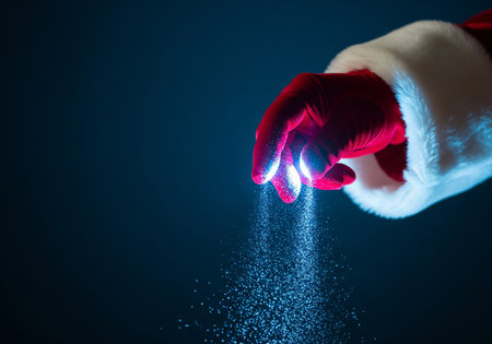Santa Claus hand with glittering magic dust particles on dark blue backgroundの素材