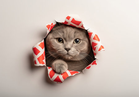 Cute cat peeking out of a hole in a paper.の素材