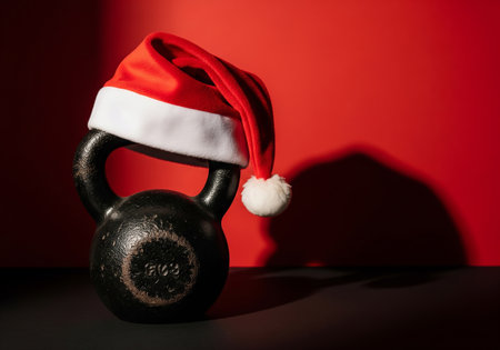 Gym kettlebell with Santa Claus hat on red background. Christmas concept.の素材