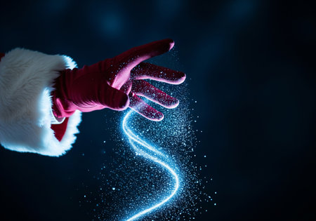 Santa Claus hand in red glove holding glowing light trail on dark backgroundの素材