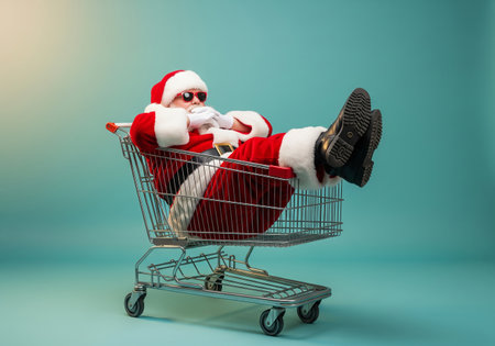 Santa Claus in shopping cart on blue background. Christmas shopping concept.の素材