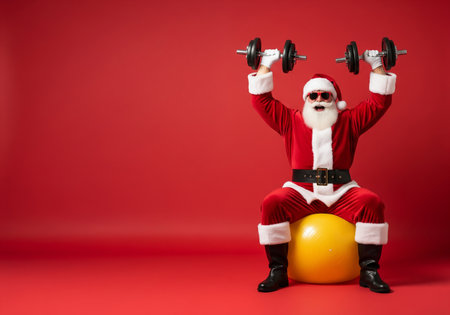 santa claus exercising with dumbbells on a red backgroundの素材