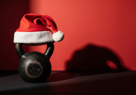 Kettlebell with Santa Claus hat on red background. Christmas concept.の素材