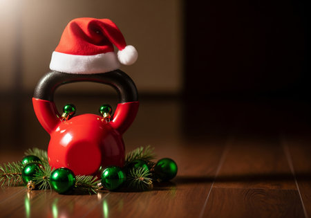 Red kettlebell with christmas decoration on wooden floor in dark roomの素材