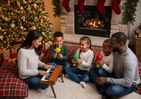 happy african american family playing musical instruments near christmas tree at homeの素材