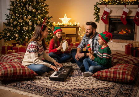 Happy family of four sitting on the floor in front of a fireplace and playing on the synthesizerの素材