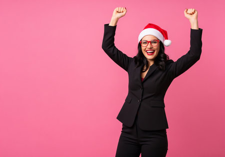 Happy business woman celebrating Christmas wearing Santa Claus hat on pink background.の素材