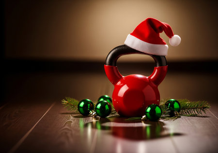 Red kettlebell with Santa Claus hat and Christmas decorations on a wooden floorの素材