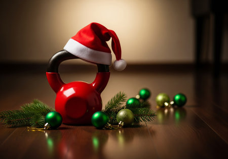 Red kettlebell with christmas ornaments on wooden floor.の素材