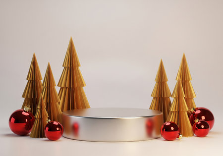 3d render of christmas podium with golden christmas tree.の素材