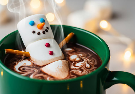 Hot chocolate with marshmallows and snowman in green cup on light backgroundの素材
