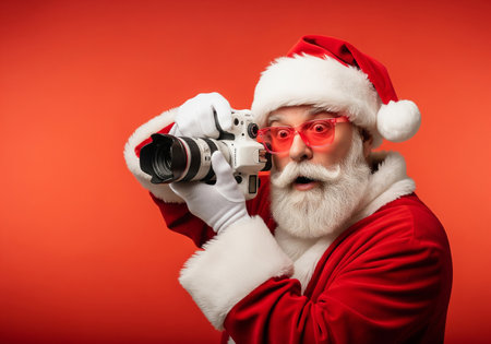 Santa Claus with binoculars on a red background. Christmas.の素材