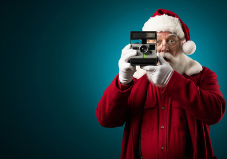 Santa Claus taking a picture with a vintage camera on a blue backgroundの素材