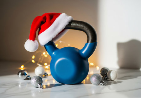 Blue kettlebell with christmas ornaments on white background.の素材