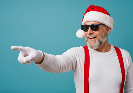 christmas, holidays, gesture and people concept - smiling senior man in santa helper hat pointing finger over blue backgroundの素材