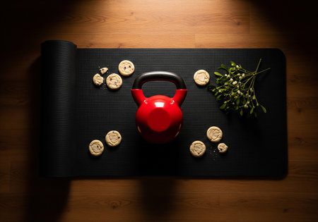 Kettlebell and cookies on a yoga mat on a wooden backgroundの素材