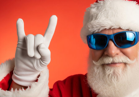 Portrait of santa claus in sunglasses and hat showing victory gesture on red backgroundの素材