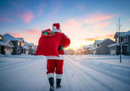 Rear view of young man in santa claus costume carrying christmas gifts on shoulder while walking on snowy road during sunsetの素材
