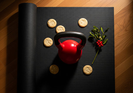 Kettle and cookies on a black yoga mat on wooden background.の素材