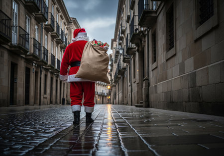 Santa Claus carrying a bag of gifts in the streets of the city.の素材