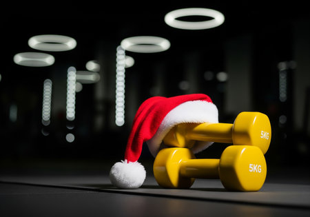 Fitness dumbbells and Santa Claus red hat on black backgroundの素材