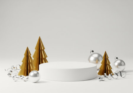 Christmas abstract scene with white podium and christmas tree. 3d renderの素材
