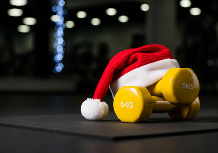 Dumbbells and Santa Claus hat on the floor in the gymの素材