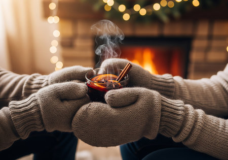 Hands of man and woman holding hot mulled wine in front of christmas fireplaceの素材