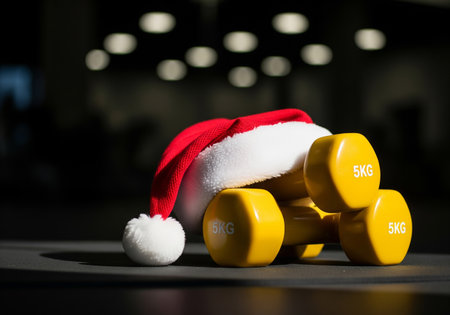 Dumbbells and Santa Claus hat on a black background.の素材