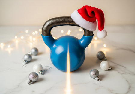 Blue kettlebell with christmas ornaments on white marble backgroundの素材