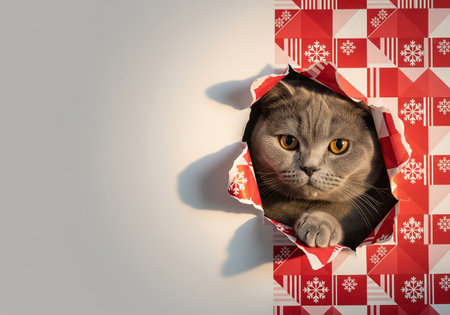 Cat peeking out of a hole in a red paper box.の素材