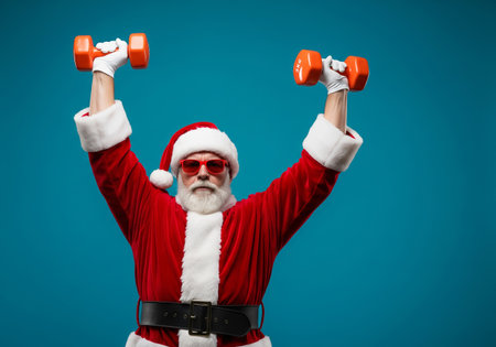 christmas, holidays and people concept - man in costume of santa claus with dumbbells over blue backgroundの素材