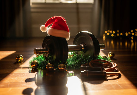 Fitness and healthy lifestyle concept. Dumbbells and Christmas decorations on wooden floor.の素材