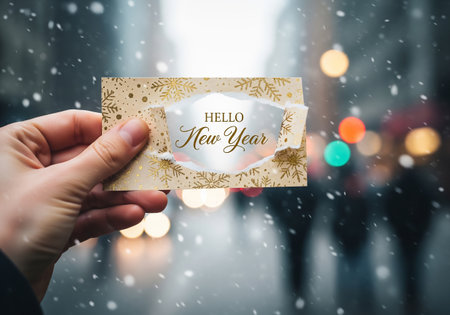 Merry Christmas and Happy New Year greeting card with blurred background.の素材