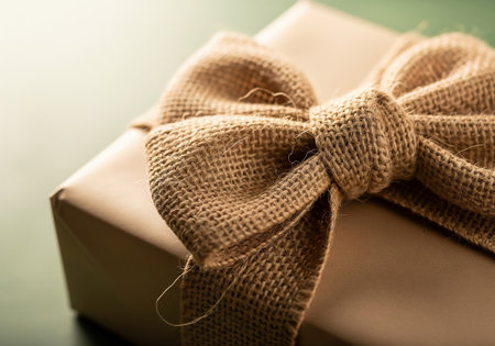 Gift box wrapped in brown paper and tied with a rope.の素材
